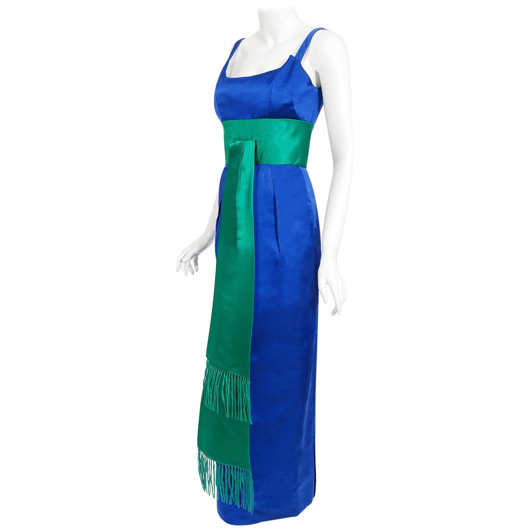 Vintage 1950s Oleg Cassini Sapphire Blue & Green Silk Sash Hourglass Fitted Gown