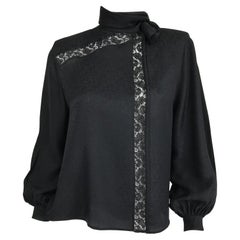 Valentino Vintage Black Silk Jacquard Tie Neck Blouse