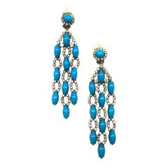 Very long turquoise glass cabuchon and clear paste 3 drop earrings, KJL, 1960s.