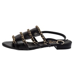 Chanel Black Leather Chain Slingback Sandals Size 36