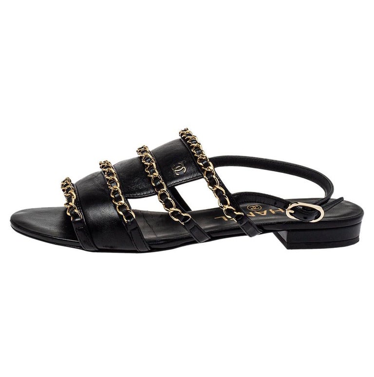 Authentic CHANEL Sandals Coco mark Turn lock Chain shoes Black Size 36  Women's