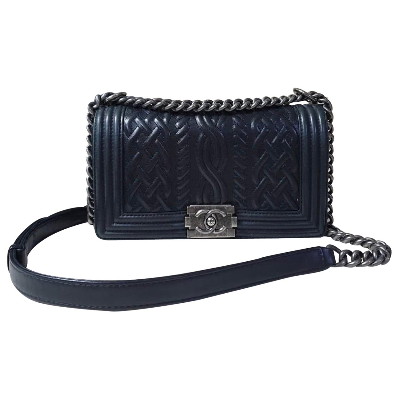 Chanel Black Embossed Lambskin Celtic Medium Boy Bag