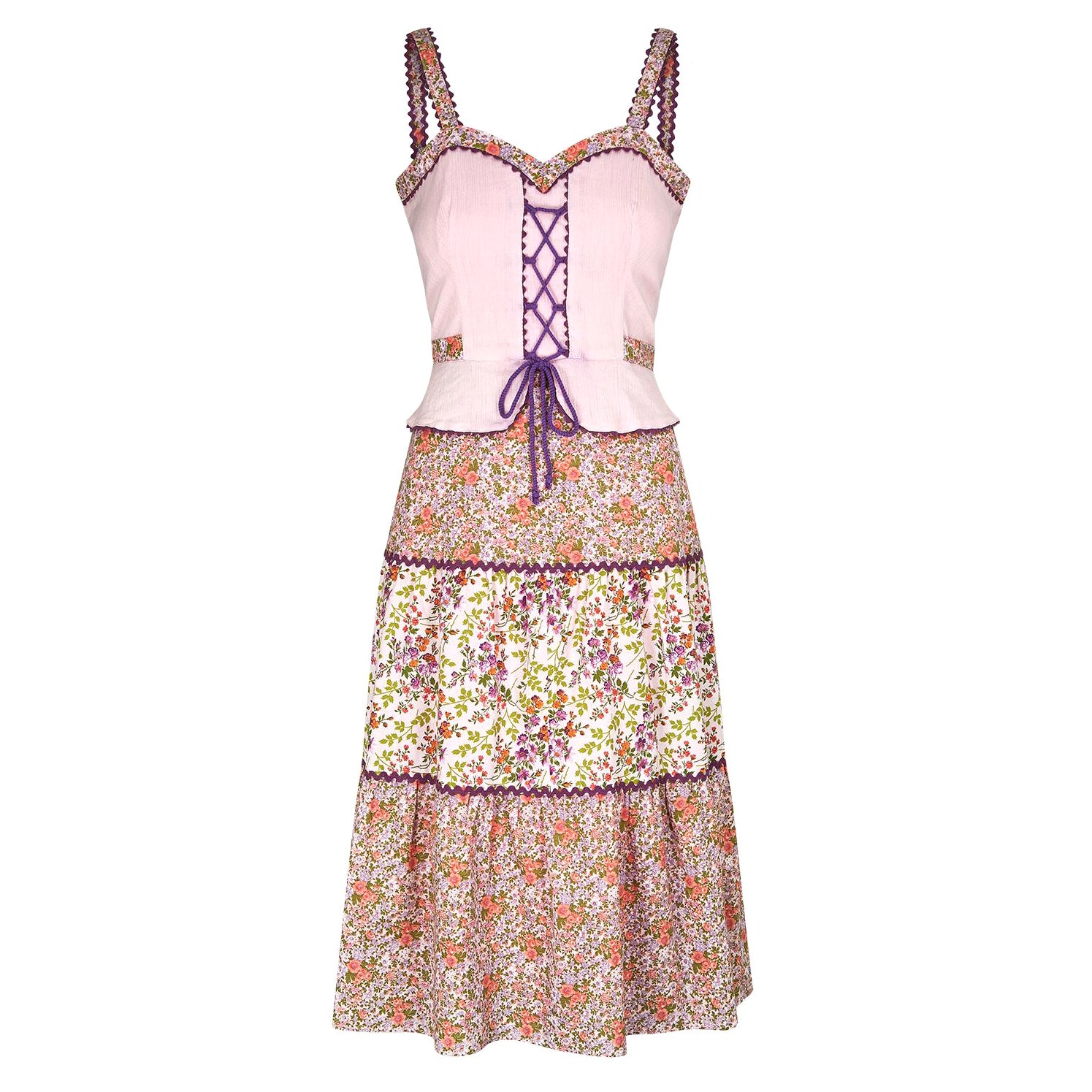 1970s Floral Boho Prairie Corset Dress For Sale