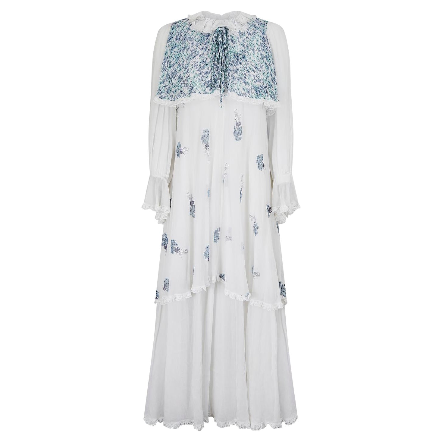 1970s Gina Fratini White and Blue Floral Cotton Maxi Dress For Sale