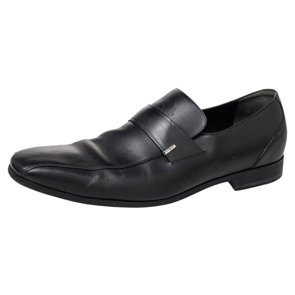 Gucci Black Leather Slip On Loafers Size 45 For Sale