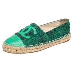 Chanel Green Tweed And Leather CC Cap Toe Espadrille Flats Size 39