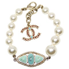 Chanel Pearl with Turquoise and Burgundy Stones CC Charm Bracelet