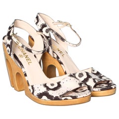Chanel sandal with printed fabric and carved wood heels 