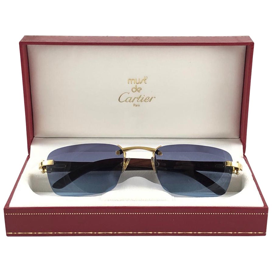 New Cartier Rimless C Decor Classic Precious Wood Full Set France Sunglasses  For Sale at 1stDibs