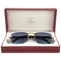 New Cartier Rimless C Decor Classic Precious Wood Full Set France Sunglasses