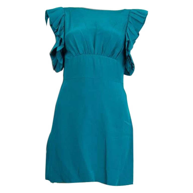 PRADA teal blue silk RUFFLED SLEEVE Sleeveless MINI Dress 40 S For Sale
