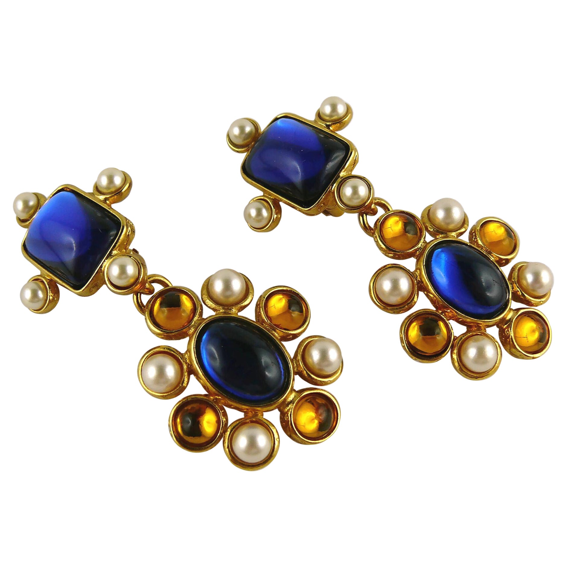 Yves Saint Laurent YSL Vintage Blue Orange Faux Pearls Dangling Earrings For Sale