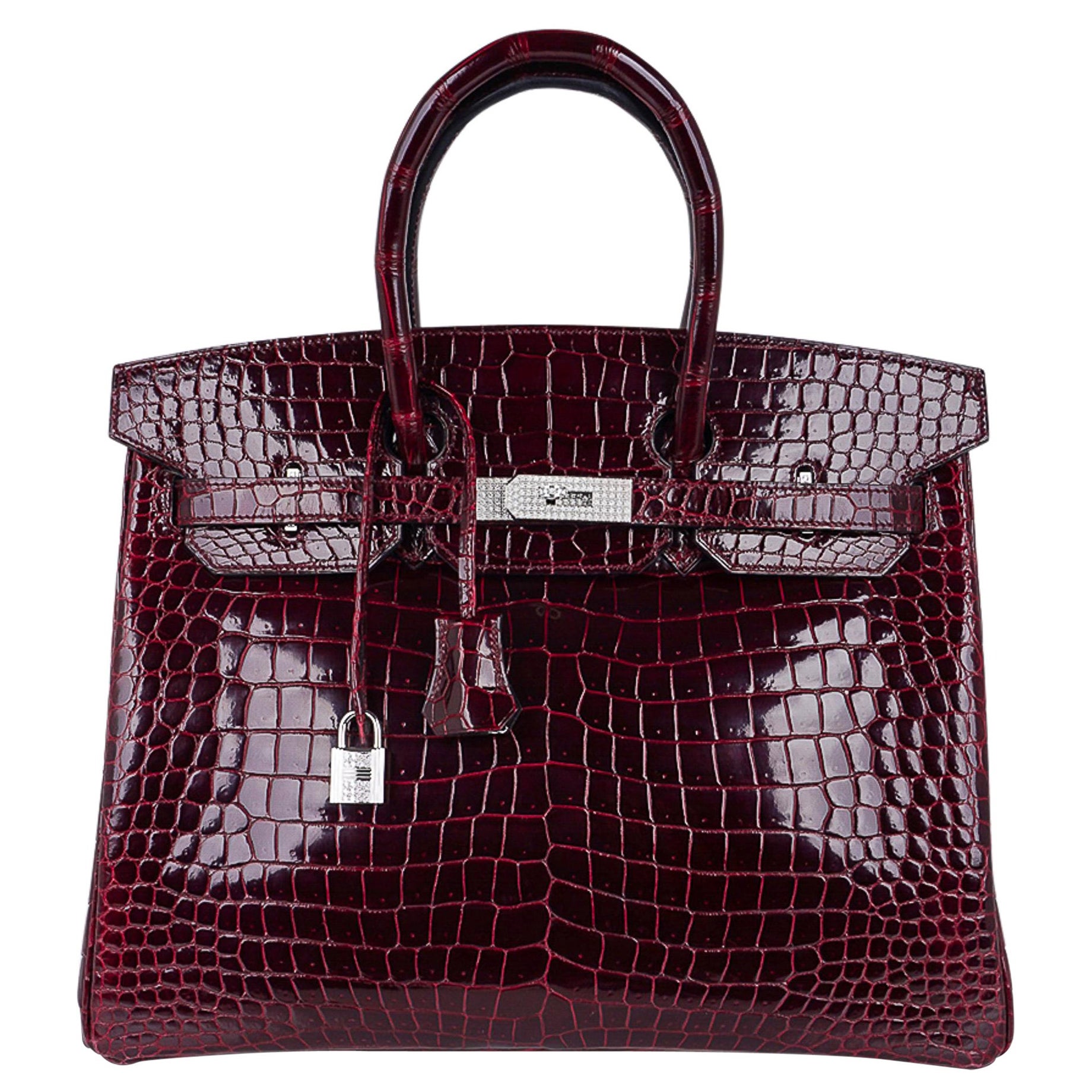 Birkin 35 Diamant Bordeaux Porosus Krokodil-Tasche mit weißen Goldbeschlägen