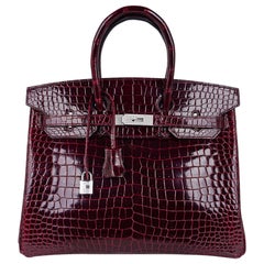 Hermes Birkin Limited Edition 35 Diamond Bordeaux Porosus Crocodile Bag