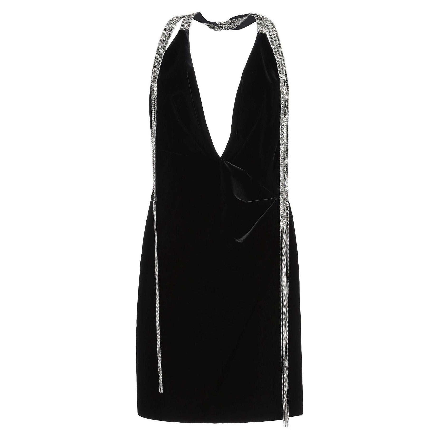 Saint Laurent Plunging Black Velvet Mini Dress with Crystal Straps Size 38