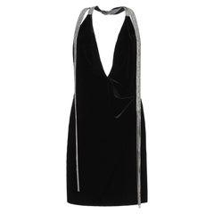Saint Laurent Plunging Black Velvet Mini Dress with Crystal Straps Size 38