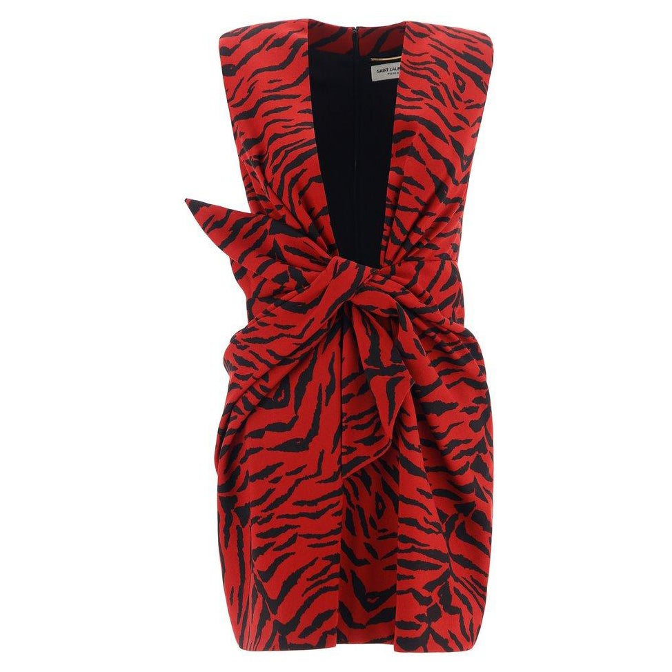 Saint Laurent Red & Black Zebra Print Tie Front Mini Dress Size 36