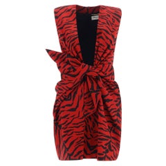 Saint Laurent Red & Black Zebra Print Tie Front Mini Dress Size 36