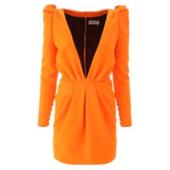 Saint Laurent Runway Neon Orange Long Sleeve Plunging V-Neck Mini Dress Size 36