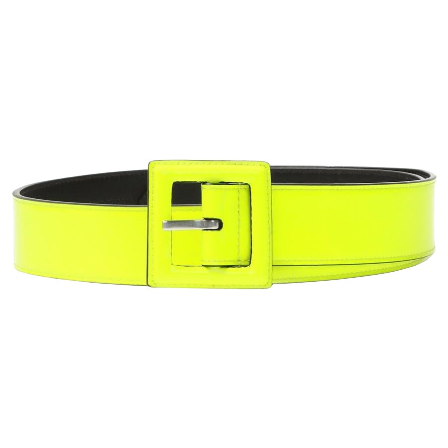 Saint Laurent Runway Neon Yellow Square Buckle Patent Leather Belt Size 75