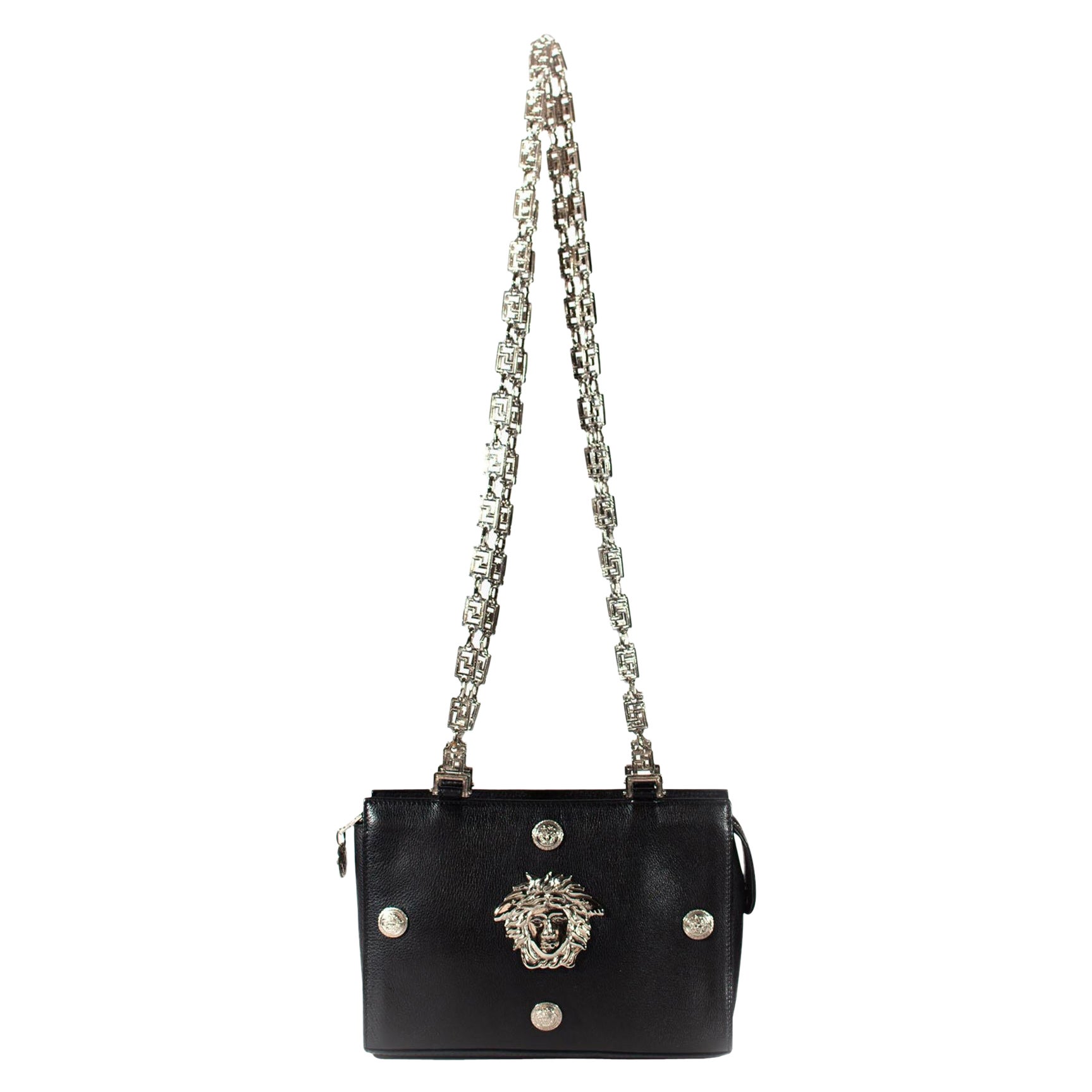Gianni Versace Couture Silver Greek Key Medusa Leather Shoulder & Crossbody Bag