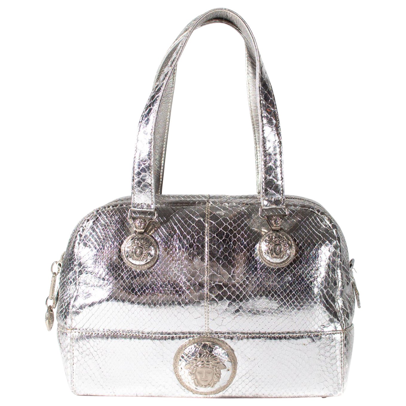 Vintage Gianni Versace Silver Metallic Python Medusa Shoulder Bag 