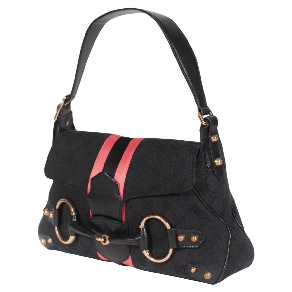 S/S 2004 Gucci by Tom Ford Black GG Horsebit Shoulder Bag with Pink Satin Stripe (Sac à bandoulière en forme de mors de cheval noir et rayures en satin rose) en vente