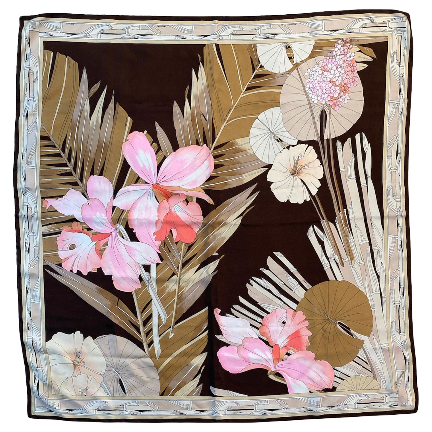 1970'S Leonard Earth Tone Tropical Floral Silk Scarf For Sale
