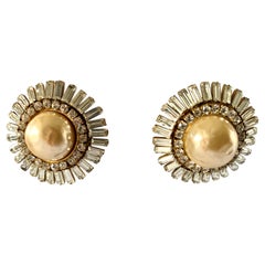Vintage Chanel Round Pearl Diamante Statement Earrings 
