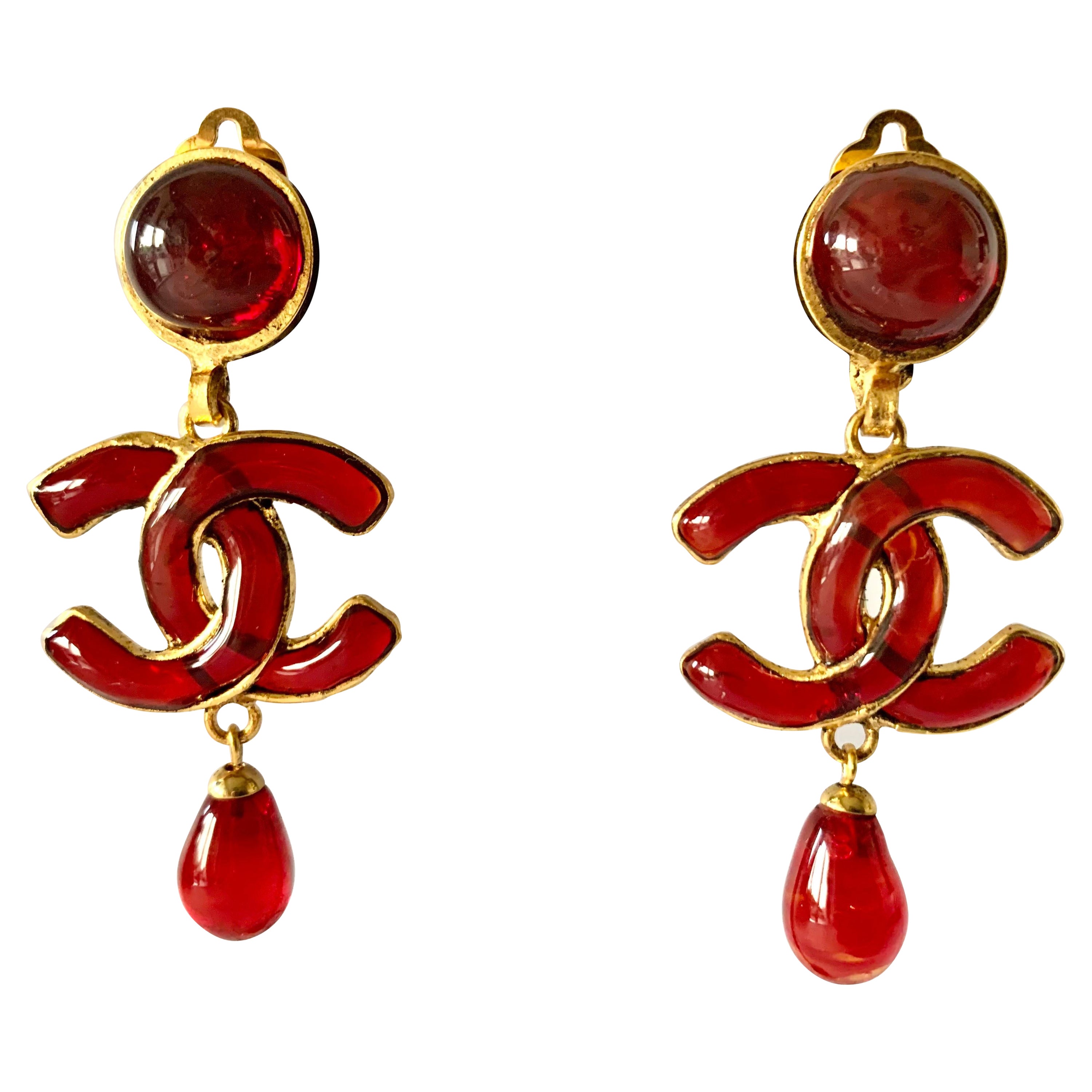 Vintage Red CC Logo Chanel Statement Earrings