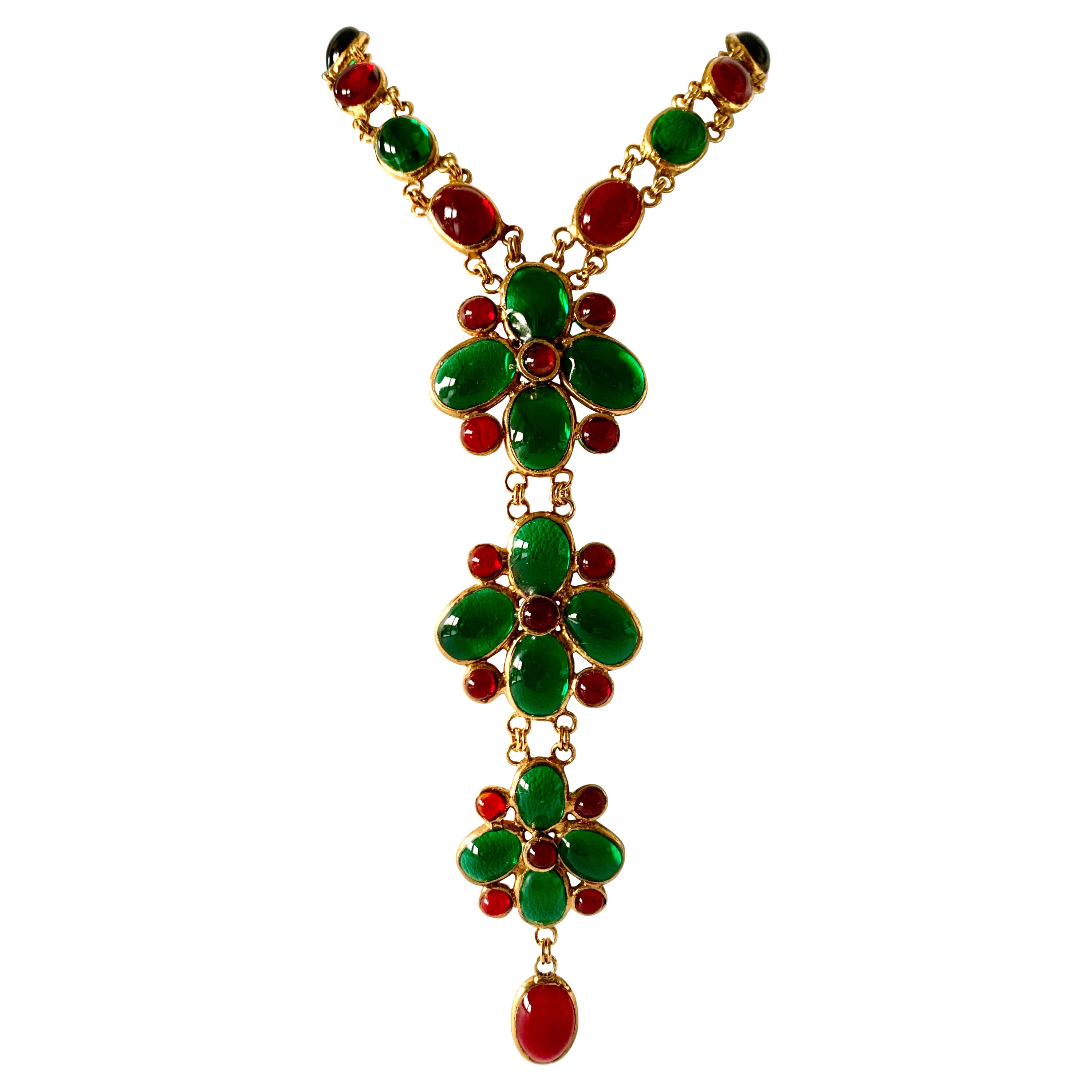 Vintage Coco Chanel Gilt, Green and Red Statement Necklace