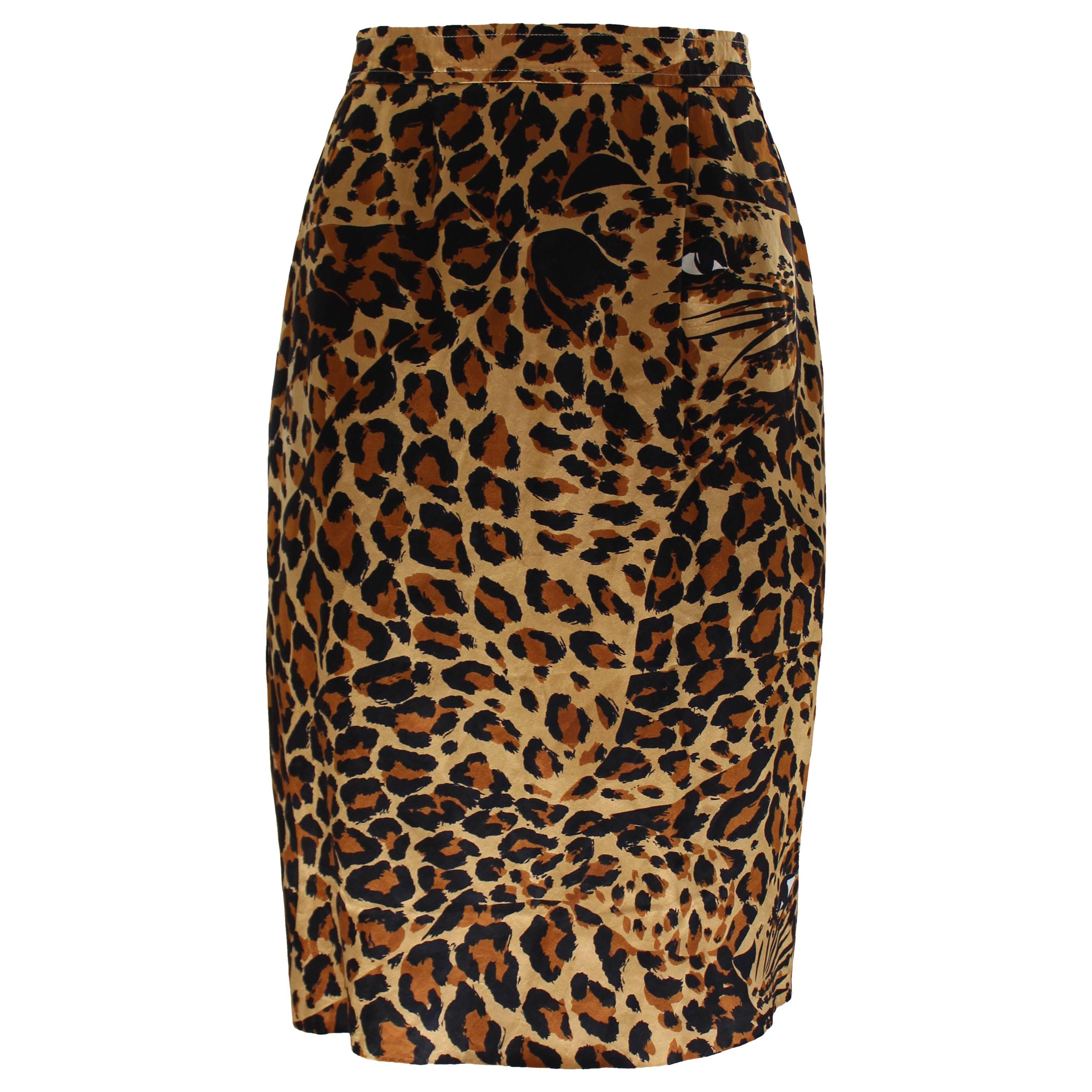 1980s Yves Saint Laurent Rive Gauche Leopard Silk Skirt