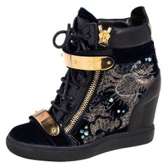 Giuseppe Zanotti Leather and Velvet Embroidered Lorenz Wedge Sneakers Size 36