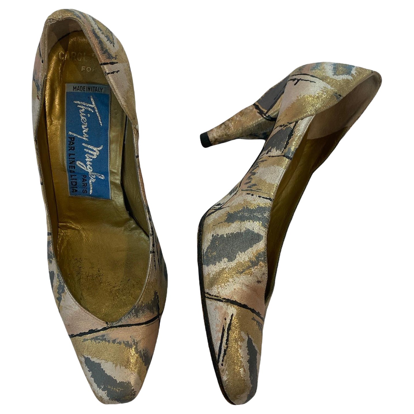 1980S THIERRY MUGLER Metallic Leather Printed Heels For Sale