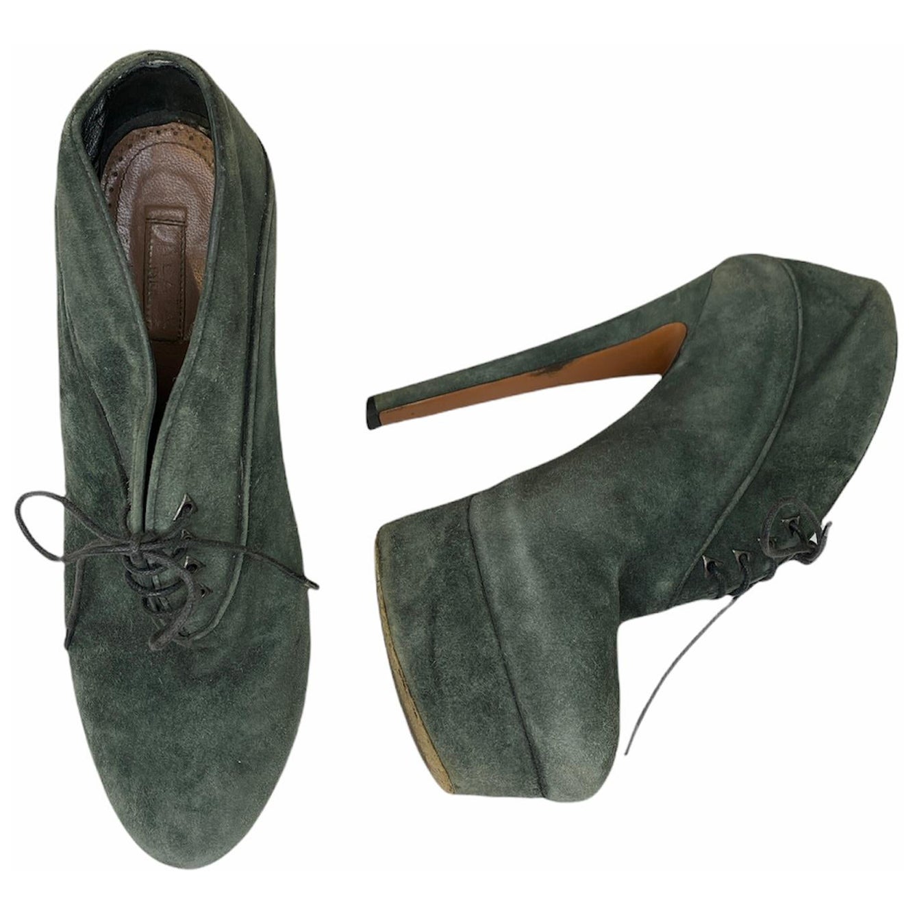 1990S AZZEDINE ALAIA Emerald Green Suede Platform Boots For Sale