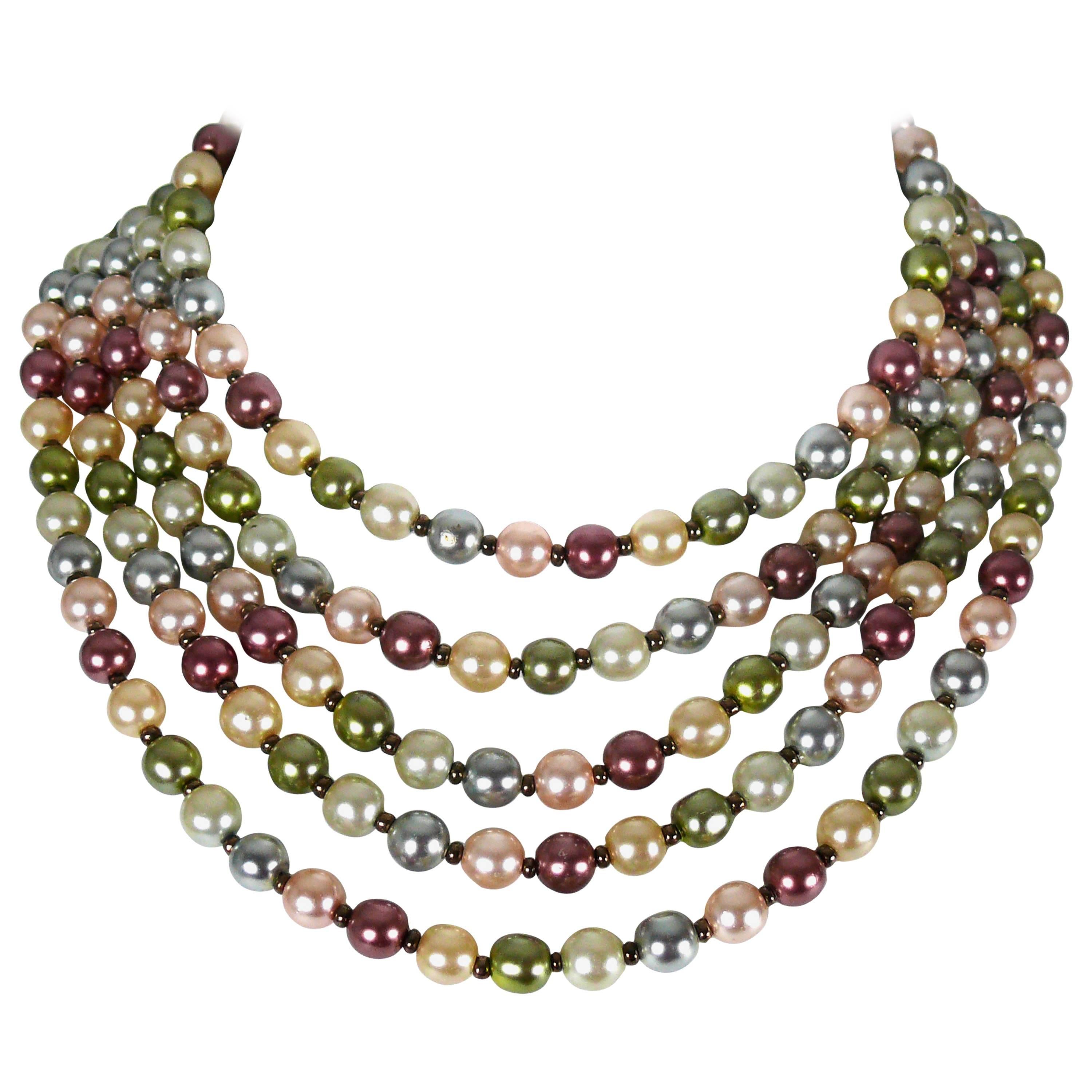 Christian Dior Vintage Five Strand Multicolor Pearl Choker Necklace