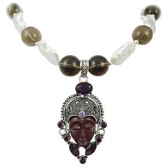 Sterling Silver Keshi Pearl and Amethyst Moonface Necklace