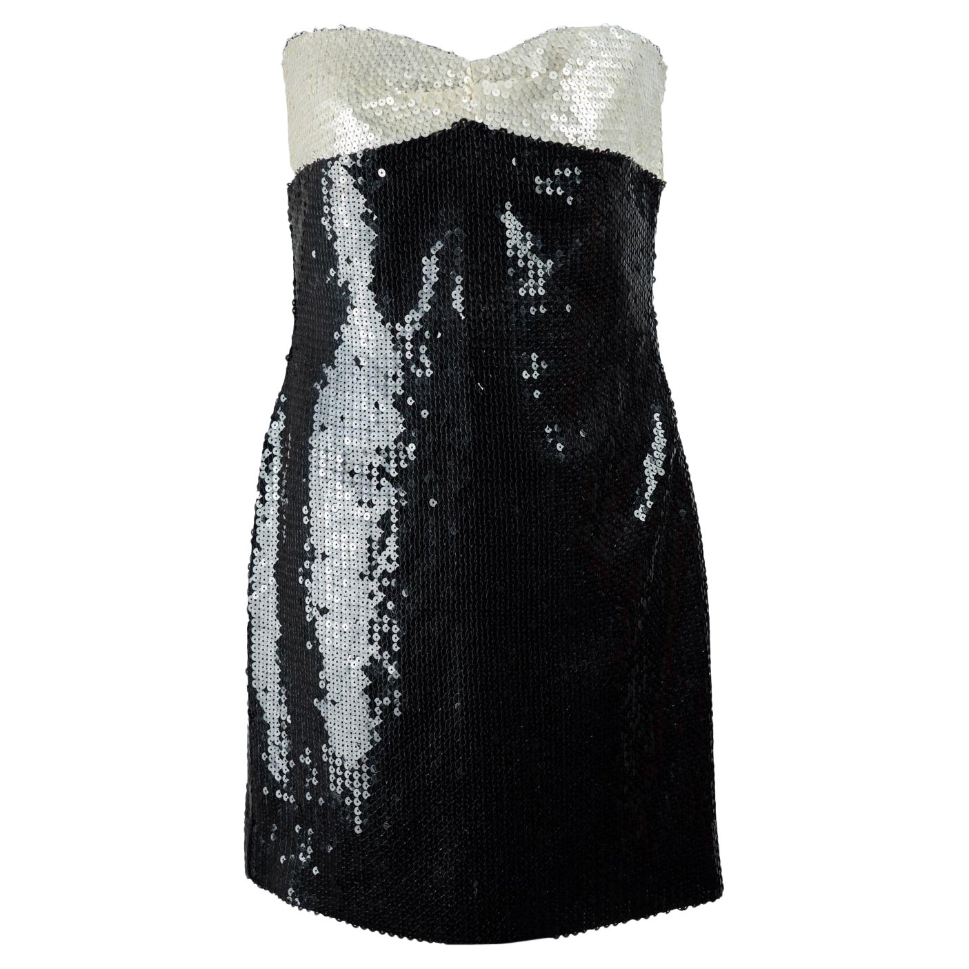Chanel black and white sequin strapless dress. Spring Summer 1987 
