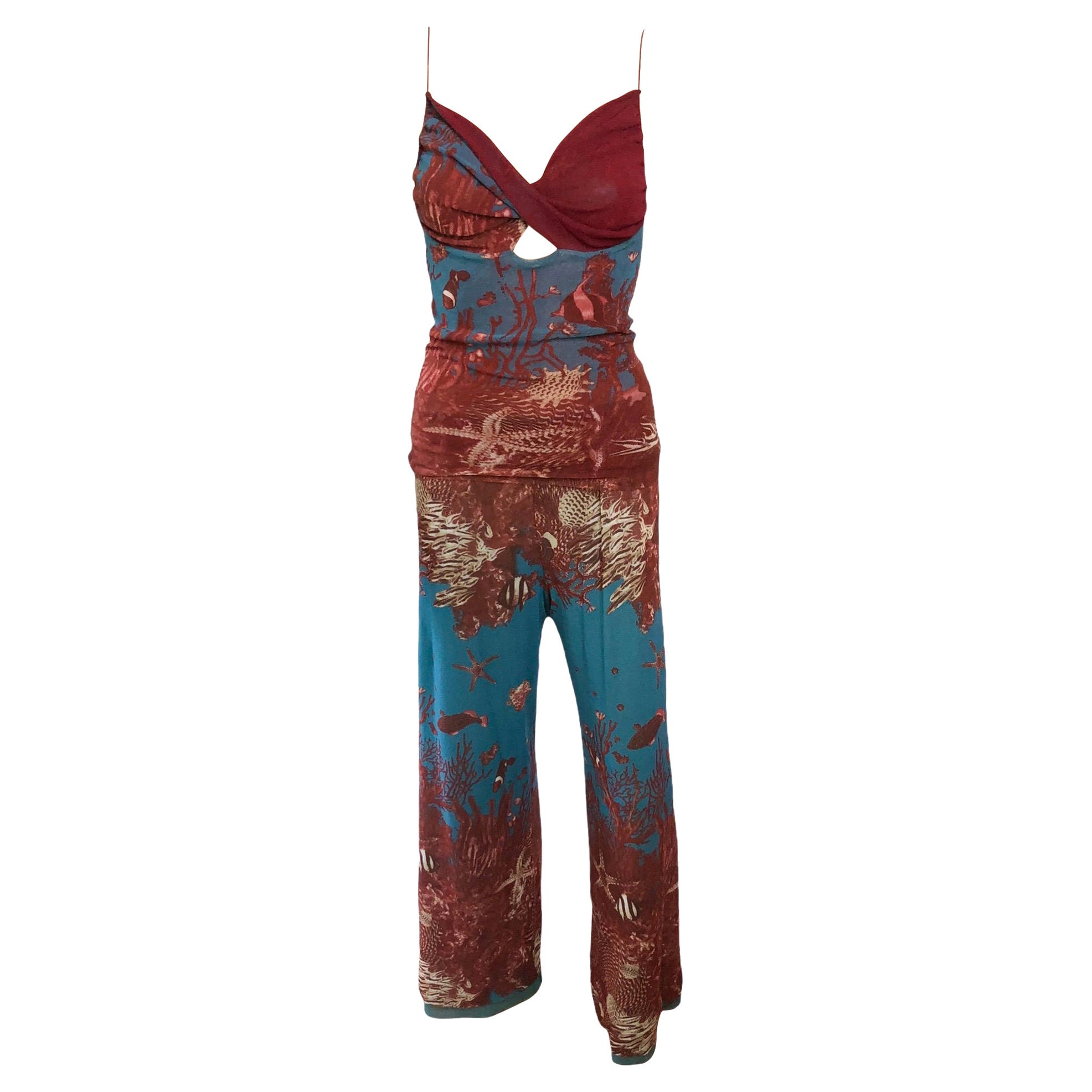 Jean Paul Gaultier Jeans Stampa Mondo Marino 1999 Top e Pantaloni 2 Pezzi