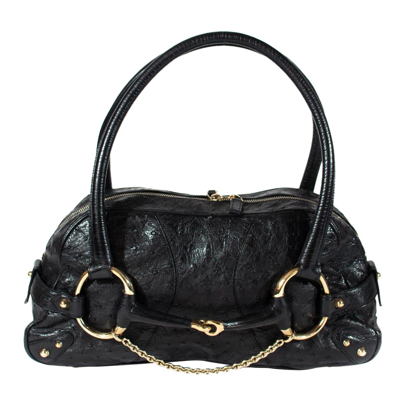 2000s Gucci by Tom Ford Black Ostrich Leather Horsebit Oversized Shoulder Bag