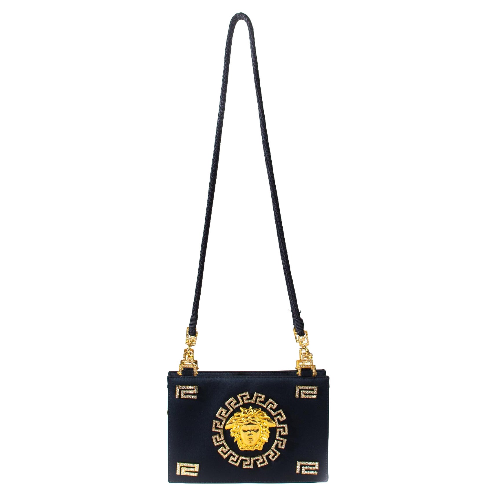 F/W 1992 Gianni Versace Couture Black Satin Gold and Rhinestone Medusa Bag