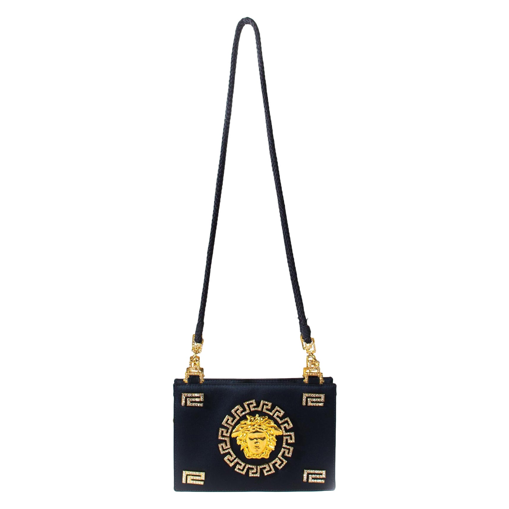 F/W 1992 Gianni Versace Couture Blue Satin Gold and Rhinestone Medusa Bag For Sale