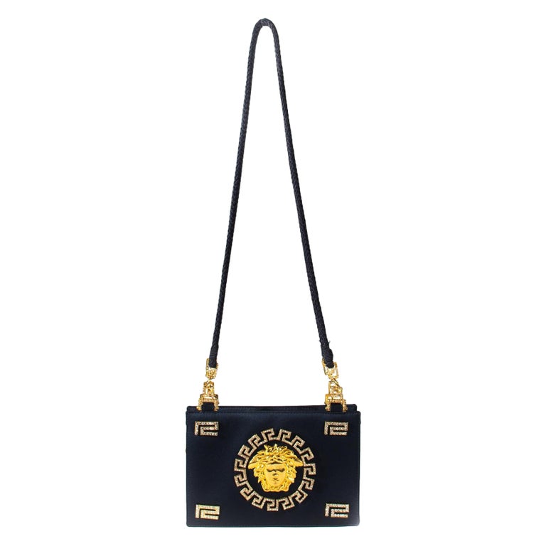 F/W 1992 Gianni Versace Couture Black Satin Gold and Rhinestone Medusa Bag  For Sale at 1stDibs