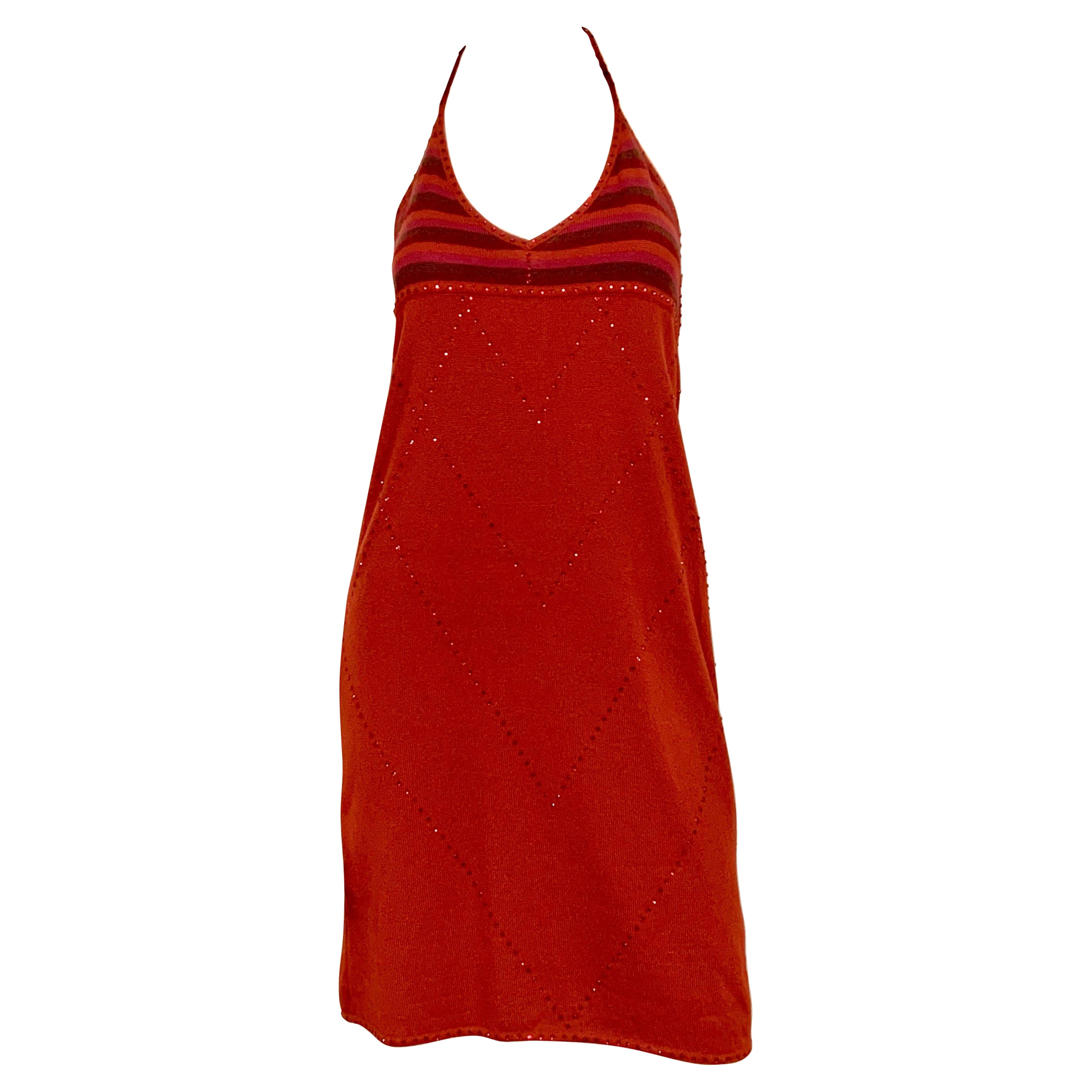 Laura Biagiotti Beaded Red Cashmere Halter Dress with an Empire Waist For Sale