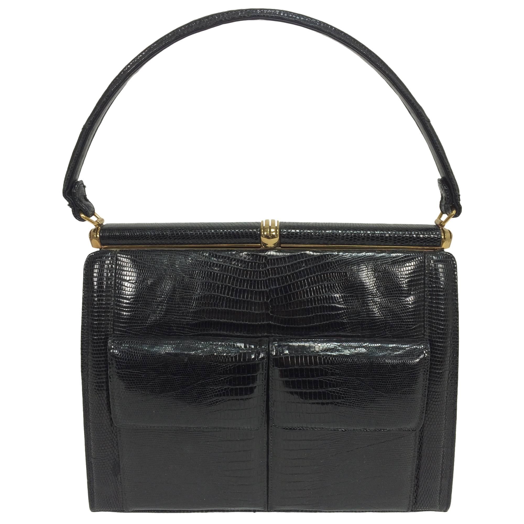 Lucille de Paris glazed black lizard frame handbag 1960s
