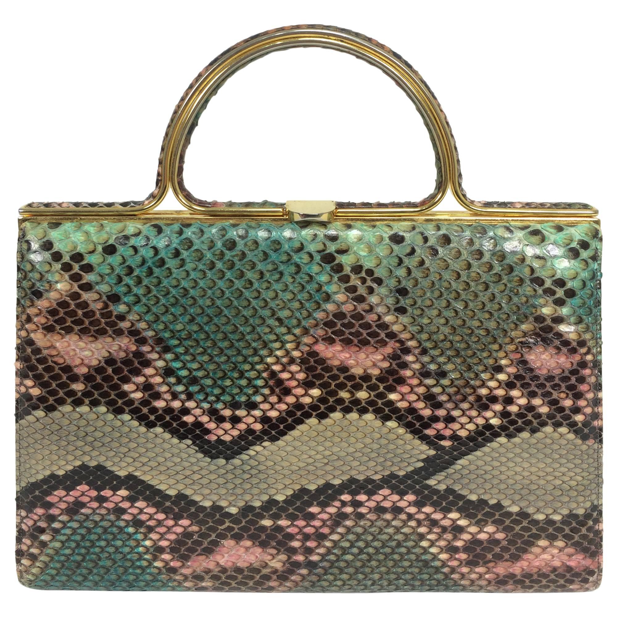 Judith Leiber pink & green snakeskin frame handbag