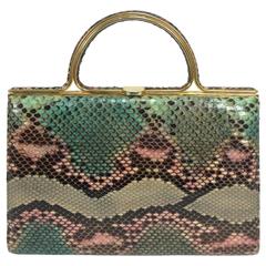 Retro Judith Leiber pink & green snakeskin frame handbag