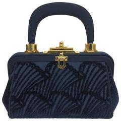 Vintage Roberta di Camerino inky blue cut velvet small satchel handbag