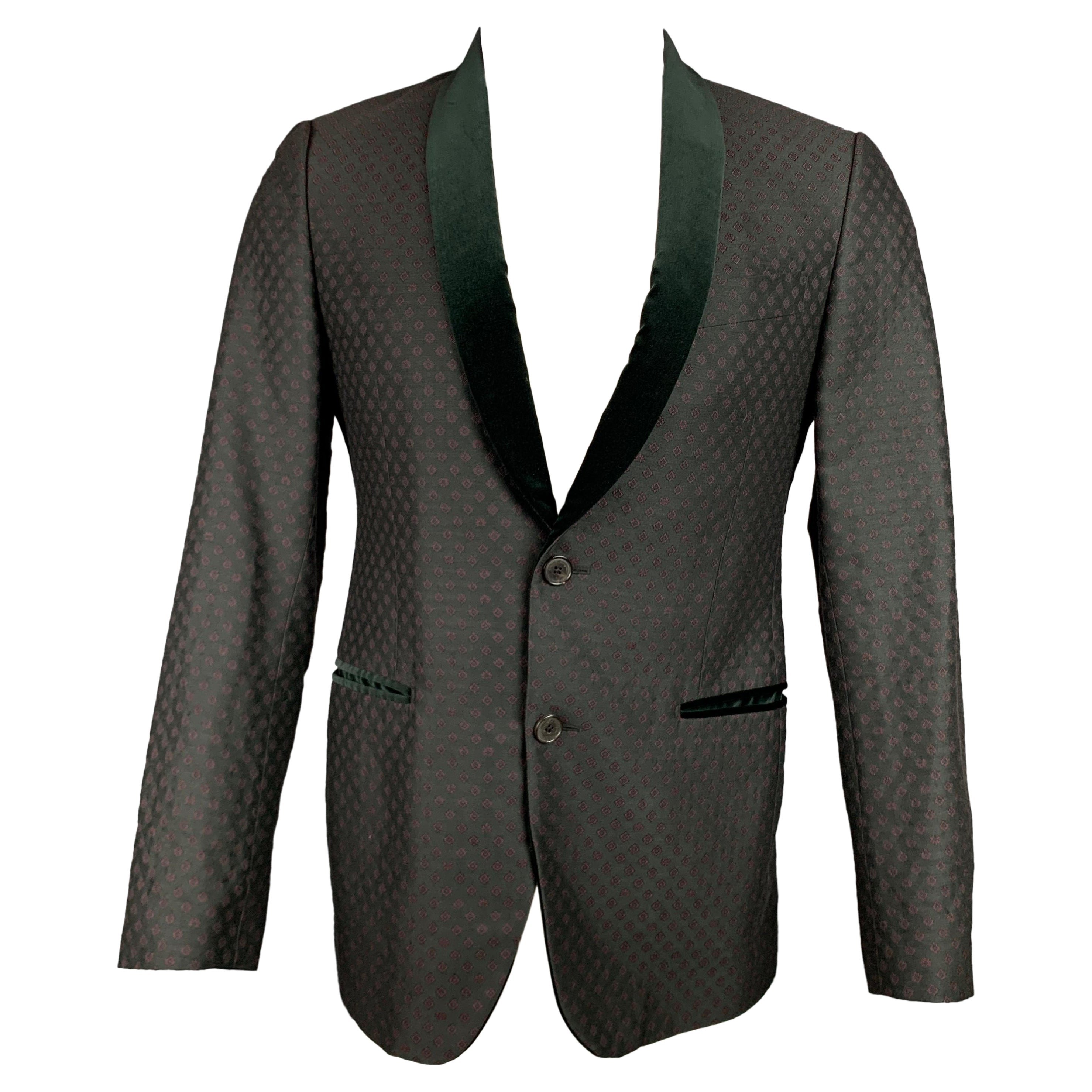 SALVATORE FERRAGAMO Size 38 Black & Burgundy Print Wool / Silk Sport Coat