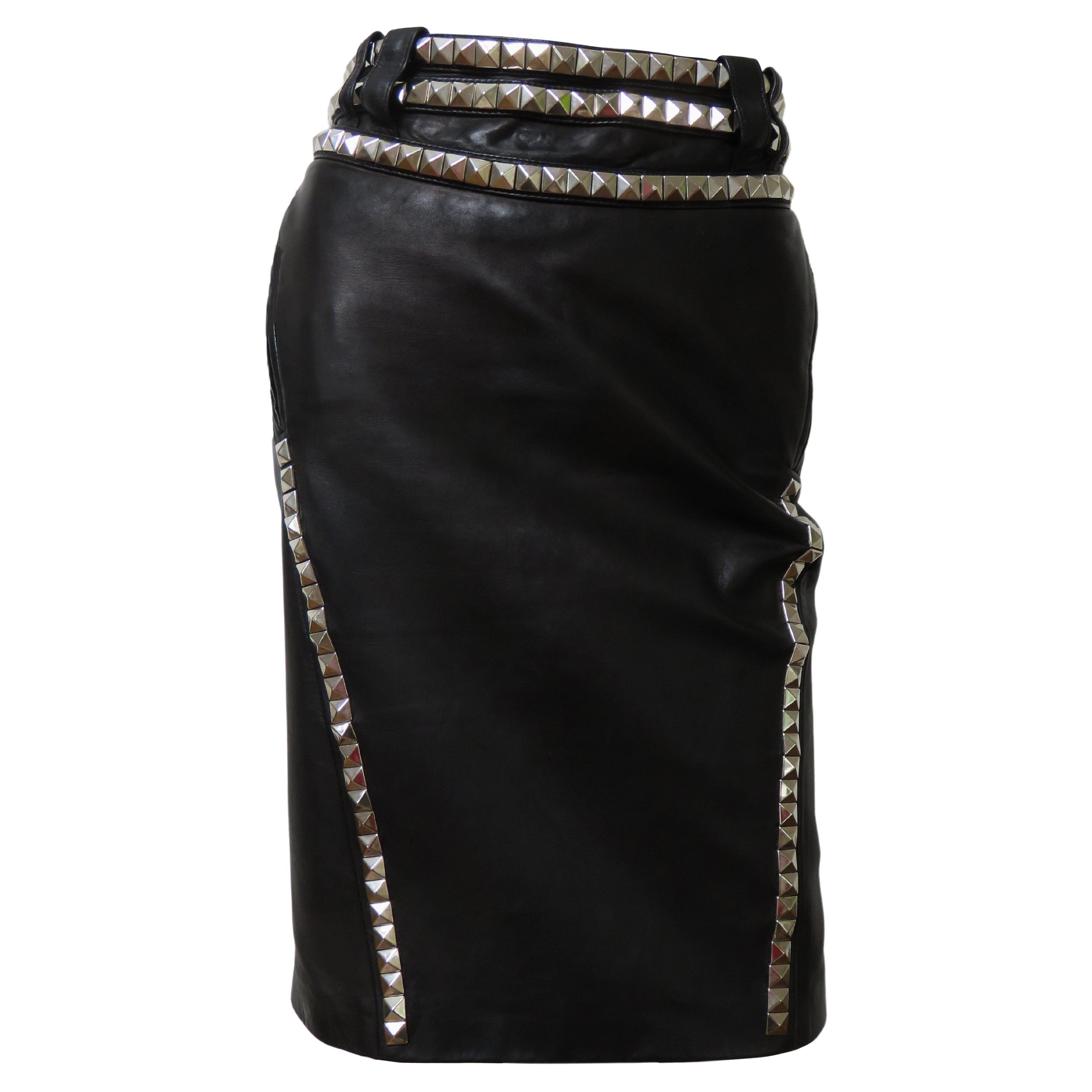Verace Leather Skirt with Studs and Buckle Waist 